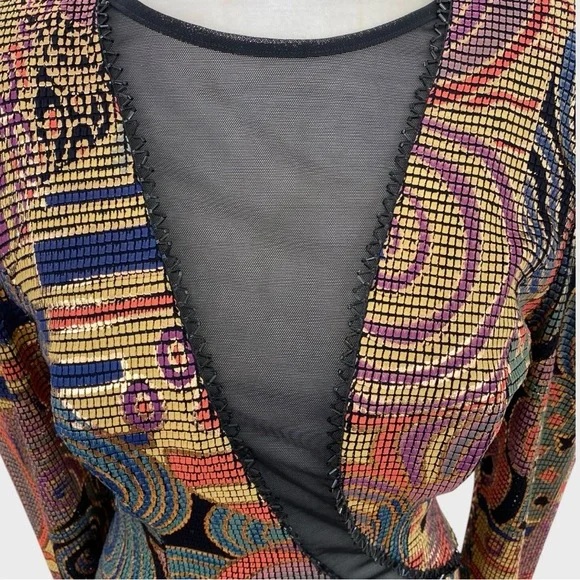 Vintage Multicolor Metallic Painted Bombshell Mesh Front Midi Dress Size Small - Picture 3 of 16